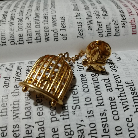 Vintage Designer Monet Chain Lapel Brooch/Pin Bird Cage with Bird on End  - Picture 11 of 11